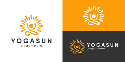 Creative simple yoga sun logo template. People meditate with nature sun logo design vector illustration.
