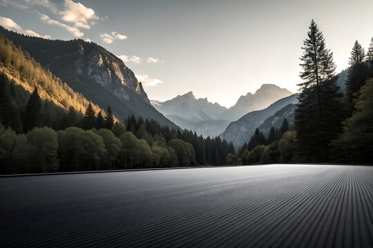 Dramatic sunset and sunrise mountain landscape views with snow-capped peaks, winter forests, and high alpine valleys under a vibrant sky - Powered by Adobe