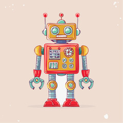 retro robots are standing side by side, vector cartoon illustration
