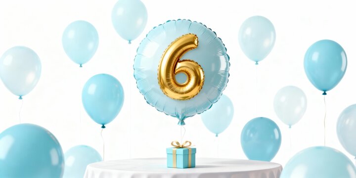 Golden number 6 balloon with pastel balloons and gift box on white for boy birthday celebration - Powered by Adobe