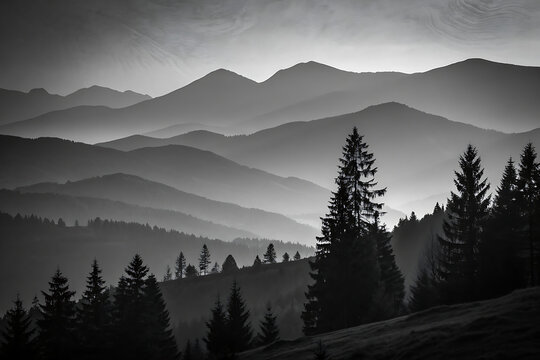 Sunrise over a foggy winter mountain landscape with snow-covered pine trees and cold morning clouds