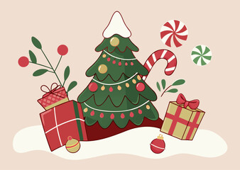 Festive Christmas Tree and Holiday Gifts Illustration on a Light Background