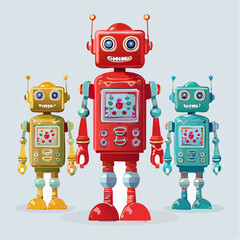 retro robots are standing side by side, vector cartoon illustration