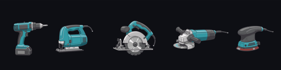 Illustration of various power tools against a dark background bundle design