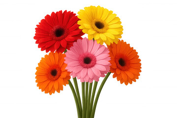 Gerbera daisies forming a colorful bouquet with red, yellow, pink, and orange blooms, isolated on a transparent background