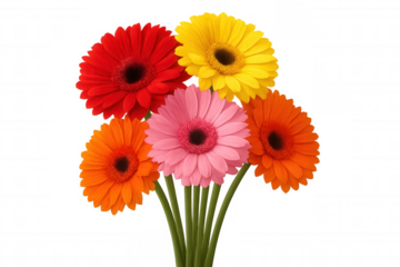 Gerbera daisies forming a colorful bouquet with red, yellow, pink, and orange blooms, isolated on a transparent background