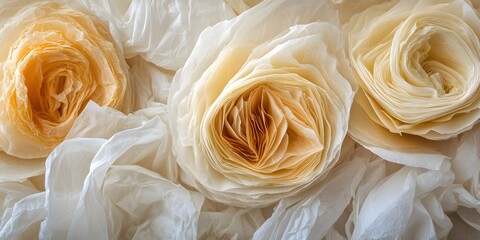 Elegant Cream and Gold Paper Roses Blossoms in Soft Focus Aesthetic Still Life