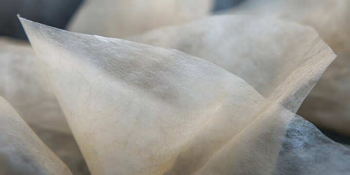 Close up delicate tea bag filters revealing paper texture and fibers