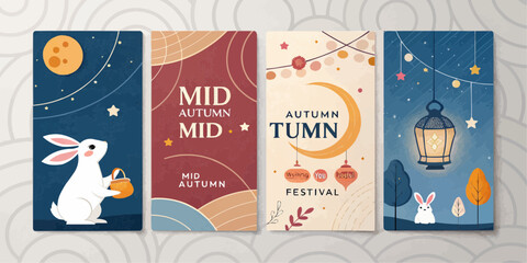 Four mid autumn festival themed posters with rabbits moons and lanterns in a cartoon style design