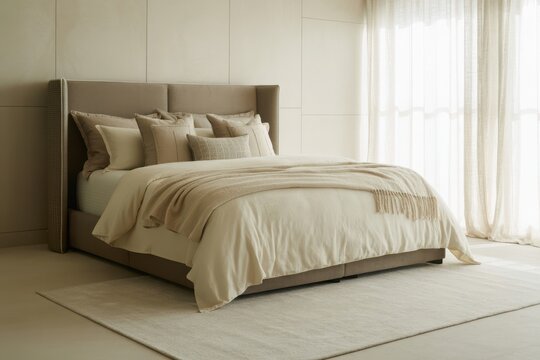 Elegant king size bed with plush headboard and neutral bedding - Powered by Adobe