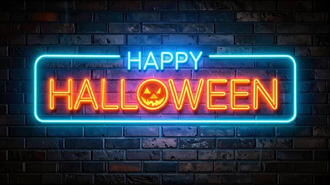 Illuminated neon sign displaying "Happy Halloween" with a jack-o'-lantern face against a dark brick wall. - Powered by Adobe