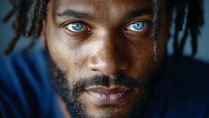 Close-up portrait of a dark-skinned man with blue eyes and dreadlocks. Intense facial expression and direct gaze. Natural light, high detail in skin and eyes.