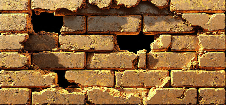 Damaged old brick wall with visible cracks and holes