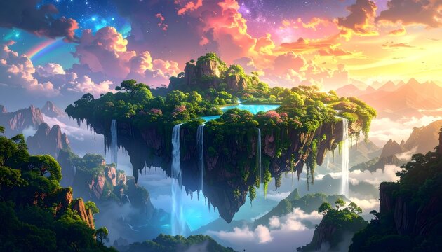Dreamlike celestial island floating among vibrant, colorful clouds, a hidden paradise with magnificent waterfalls and lush nature