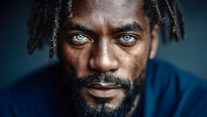 Fototapeta premium Close-up portrait of a dark-skinned man with blue eyes and dreadlocks. Intense facial expression and direct gaze. Natural light, high detail in skin and eyes.