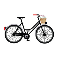 Hand drawn black and white bicycle with basket line art on a clean white background