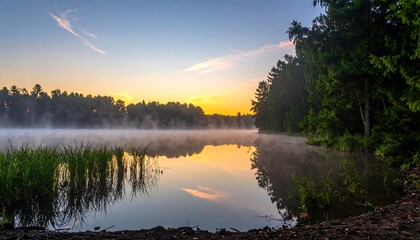 Fototapeta premium Serene Lake at Dawn - A Misty Reflection of Natures Beauty.