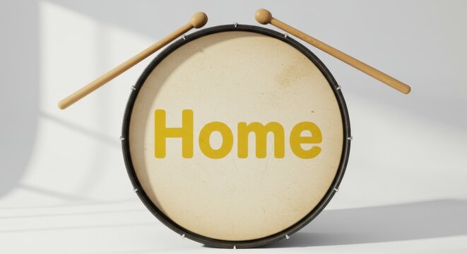 Drum with the word "Home" printed on it and drumsticks resting on top, against a light background
