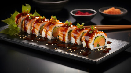 Sushi rolls with rice and fish, soy sauce