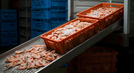 Fresh Shrimp in Orange Baskets on Conveyor Belt in Seafood Processing Plant