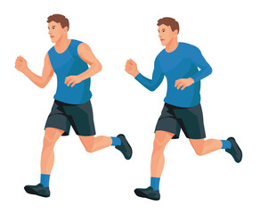 Figures of a man running in three-quarter view, jogging in blue winter and summer sportswear