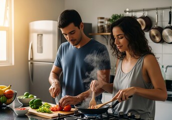 Young Brazilian couple cooking together in modern kitchen