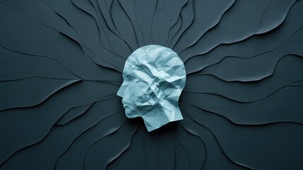 Paper head silhouette with radial lines on dark background, representing mental health, psychology, and neurological connections