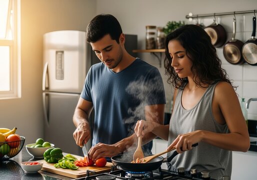 Young Brazilian couple cooking together in modern kitchen
