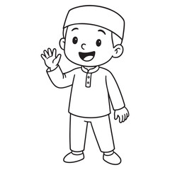 Friendly cartoon Muslim boy in traditional clothes and a peci cap, standing and waving hello or goodbye. Perfect as a simple black and white coloring page for kids.