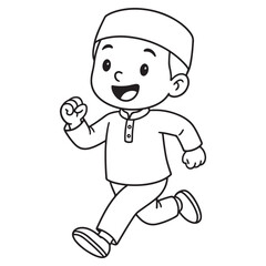 A cheerful cartoon Muslim boy in a traditional cap (peci) and clothing, happily running or walking with a big smile. Great for Ramadan, Eid, or a coloring book page.