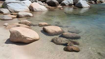 Scenic view of rocks and clear water on sandy beach nature background