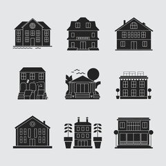 Fototapeta premium Collection of nine silhouetted building illustrations scalable vector graphics for diverse architectural projects silhouette White background