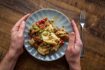 A hand holding a plate with a messy assortment of food, showing a disorganized food pile.