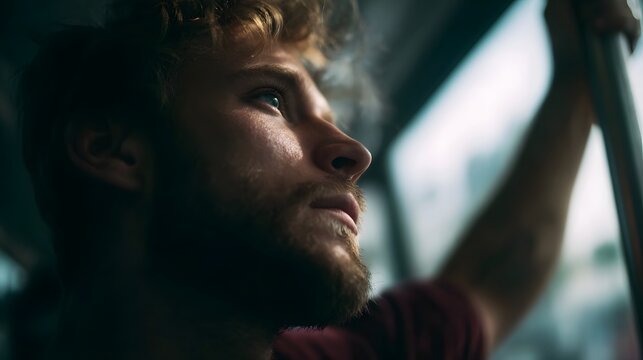 A young man with curly hair and a beard gazes thoughtfully out of a window on public transport