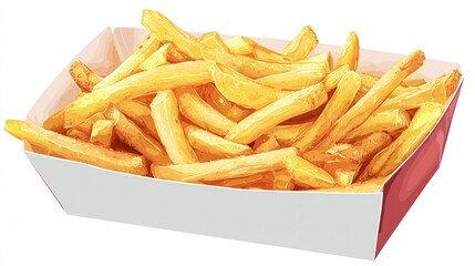 A close-up depiction of golden, crispy fries overflowing from a red-trimmed, open-top paper carton