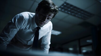 Stressed businessman experiencing abdominal pain in dimly lit office