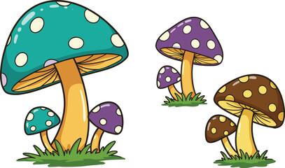 Whimsical cartoon mushrooms with colorful spotted caps, fantasy fungi clusters, decorative garden plants, outdoor nature illustration set, cad drawing flat vector illustration