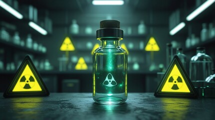 Futuristic laboratory scene with glowing radioactive vial surrounded by hazard warning signs, concept of nuclear science, danger, biohazard, technology and experimental research illustration