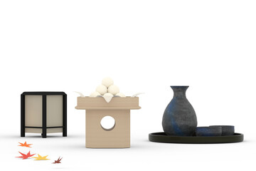 月見セット（和風イラスト・秋の行事） / Tsukimi Set Left Composition (Japanese Style 3D Illustration, Autumn Festival)