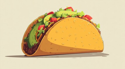 Cartoonish, single taco in shell, overflowing with fillings of avocado, tomatoes, and lettuce. Light beige background