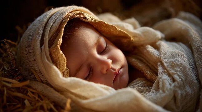From Mary’s perspective, looking down at the tiny, sleeping face of baby Jesus in her arms — a tender, sacred moment of divine love and serene motherhood.
