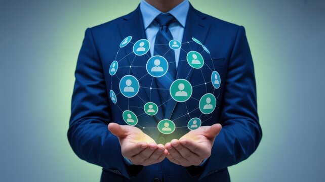 Businessman holding a digital sphere of connected people, representing global network and social media connection in the modern business world