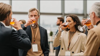 Group of diverse colleagues laughing and enjoying drinks together during a business conference break - Powered by Adobe