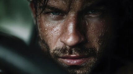Obraz premium Intense close up portrait of a man s face glistening with sweat showing determination and focus in dramatic lighting