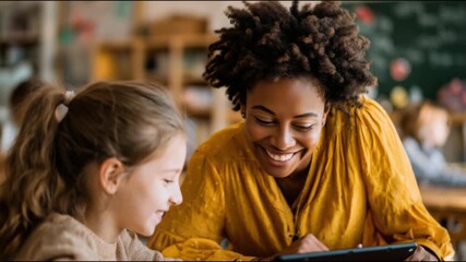 Happy diverse teacher and little pupil using a digital tablet together in a modern classroom - Powered by Adobe