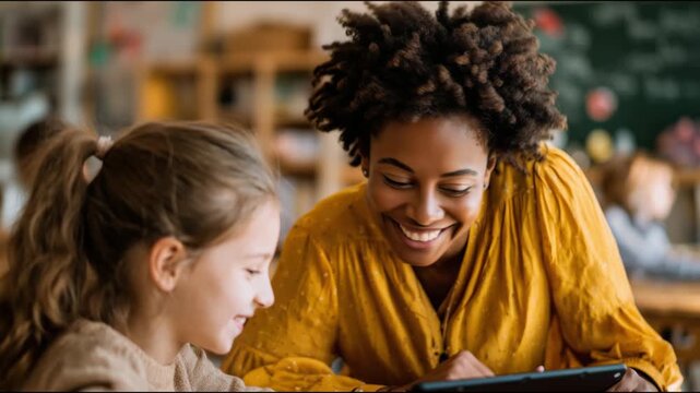 Happy diverse teacher and little pupil using a digital tablet together in a modern classroom - Powered by Adobe
