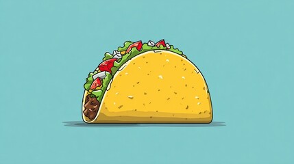 A cartoon taco with a crispy yellow shell, filled with meat, lettuce, tomato, onion, set against a blue backdrop