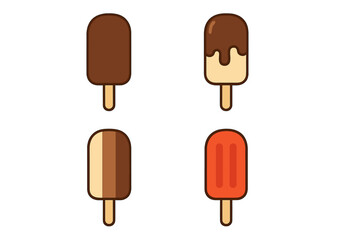 Popsicle ice cream bar on a stick icon set. Vector collection of sweet frozen desserts. Chocolate, vanilla, and fruit flavor treats for summer. Isolated graphic illustration.