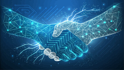 Digital handshake with circuit board pattern and glowing nodes on a blue technological background