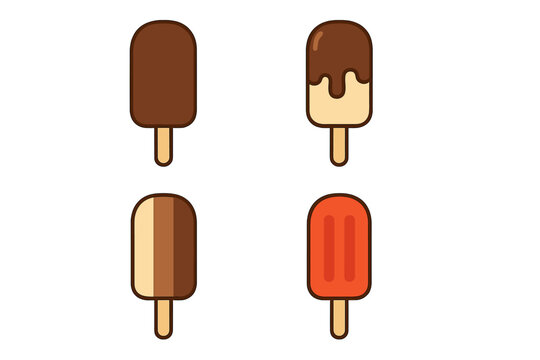 Popsicle ice cream bar on a stick icon set. Vector collection of sweet frozen desserts. Chocolate, vanilla, and fruit flavor treats for summer. Isolated graphic illustration.